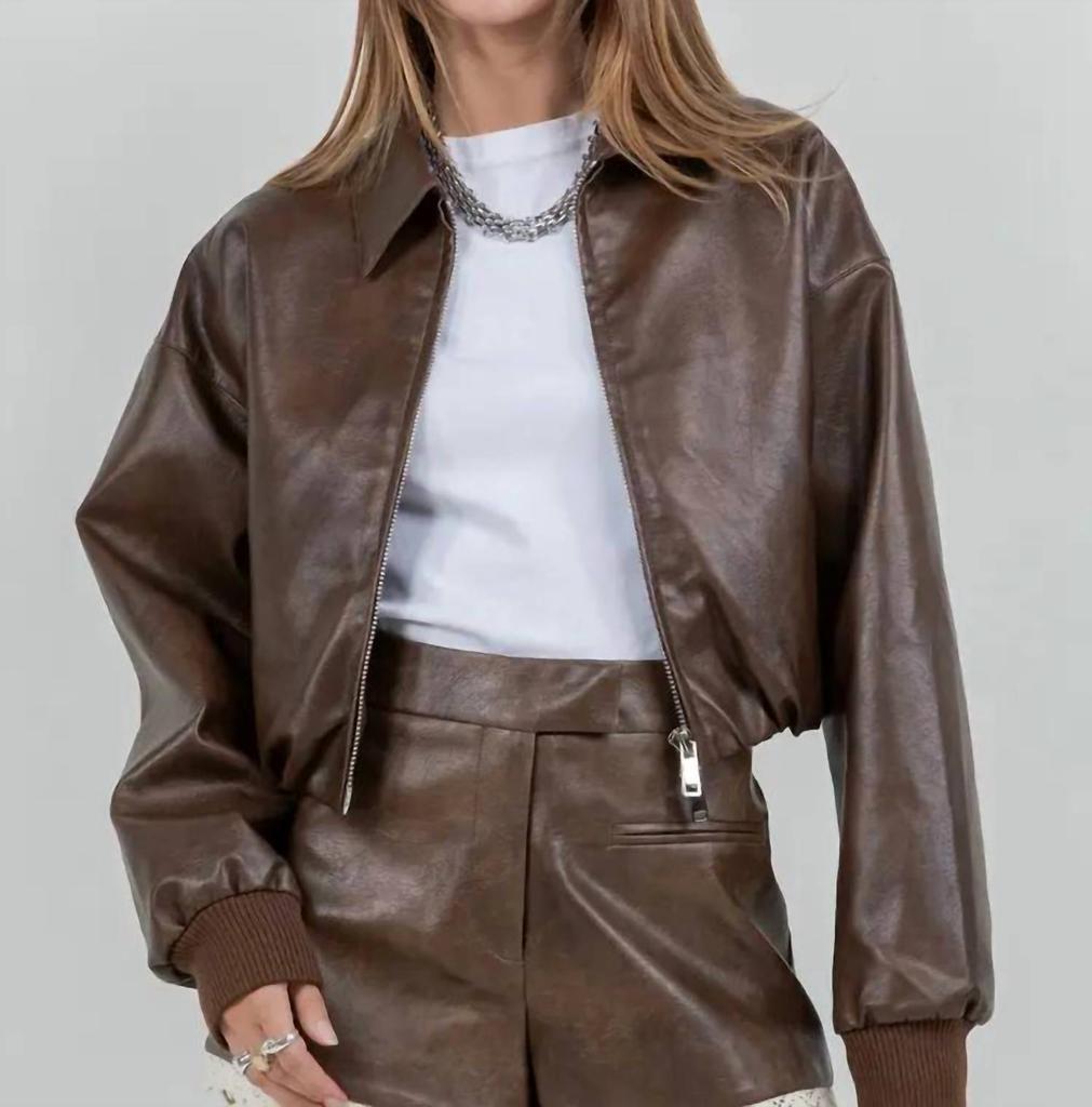 Alo Faux Leather Power Hour Full Zip Cropped Jacket - Espresso