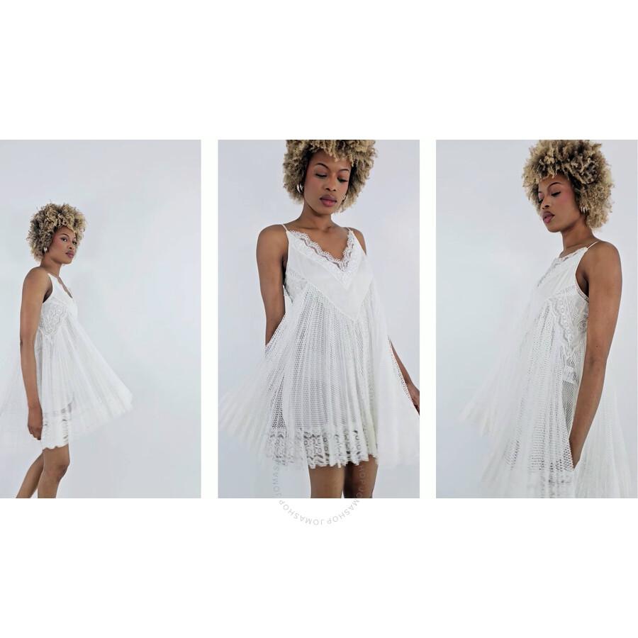 Burberry Ladies Optic White Fishnet And Lace Pleated Dress With Silk Slip