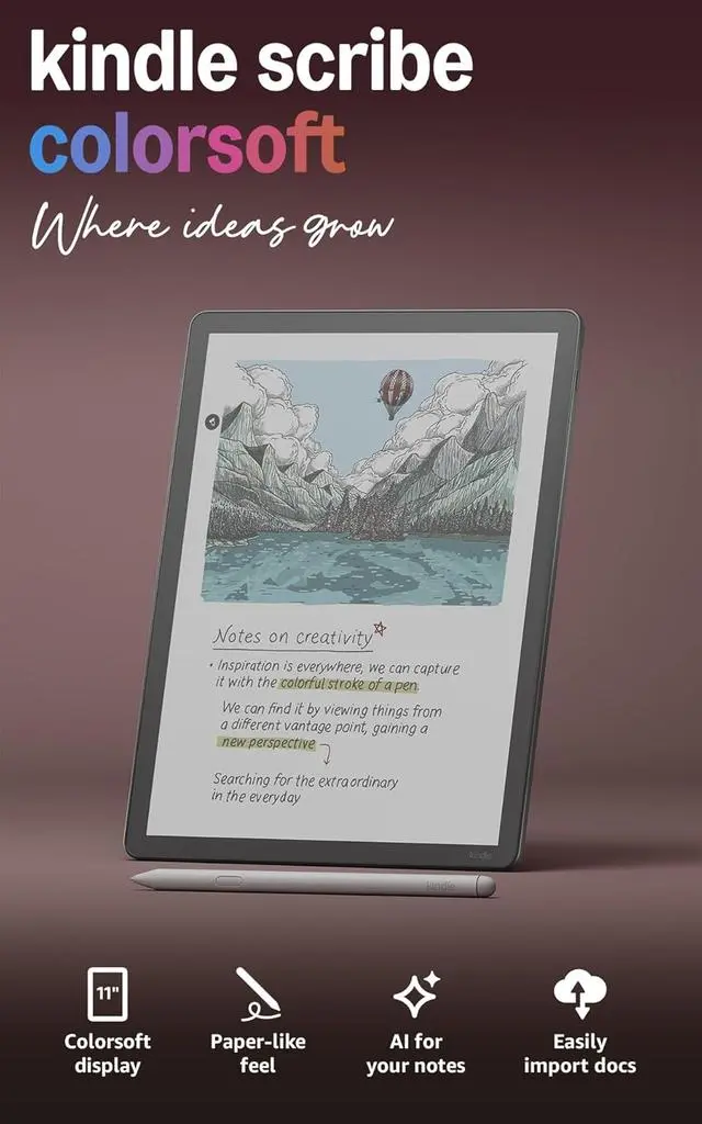 Amazon Amazon Kindle Scribe Colorsoft 64GB (newest model) — 11” paper-like color display with front light — Thin, light, powerful — Write in notebooks, documents, and books. Includes Premium Pen - Fig