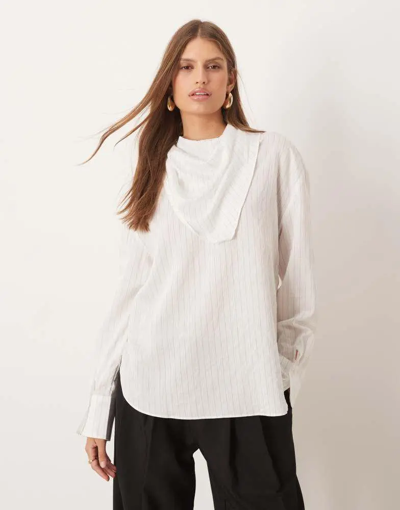 Mango Mango curved hem blouse in white pinstripe