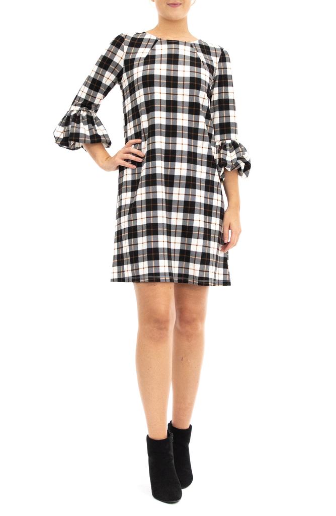 Nina Leonard Windowpane Ruffle Sleeve Shift Dress