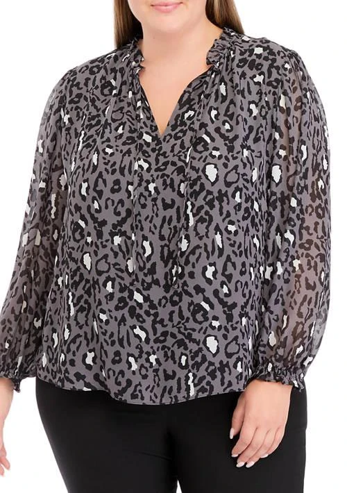 philosophy Plus Size Ruffle Sleeve Split Neck Printed Top 1