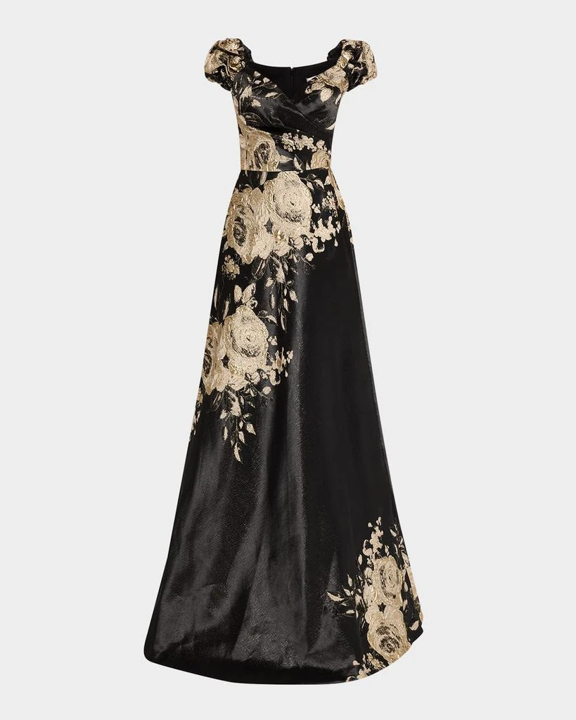 Teri Jon Cap-Sleeve Floral Metallic Jacquard Gown 1
