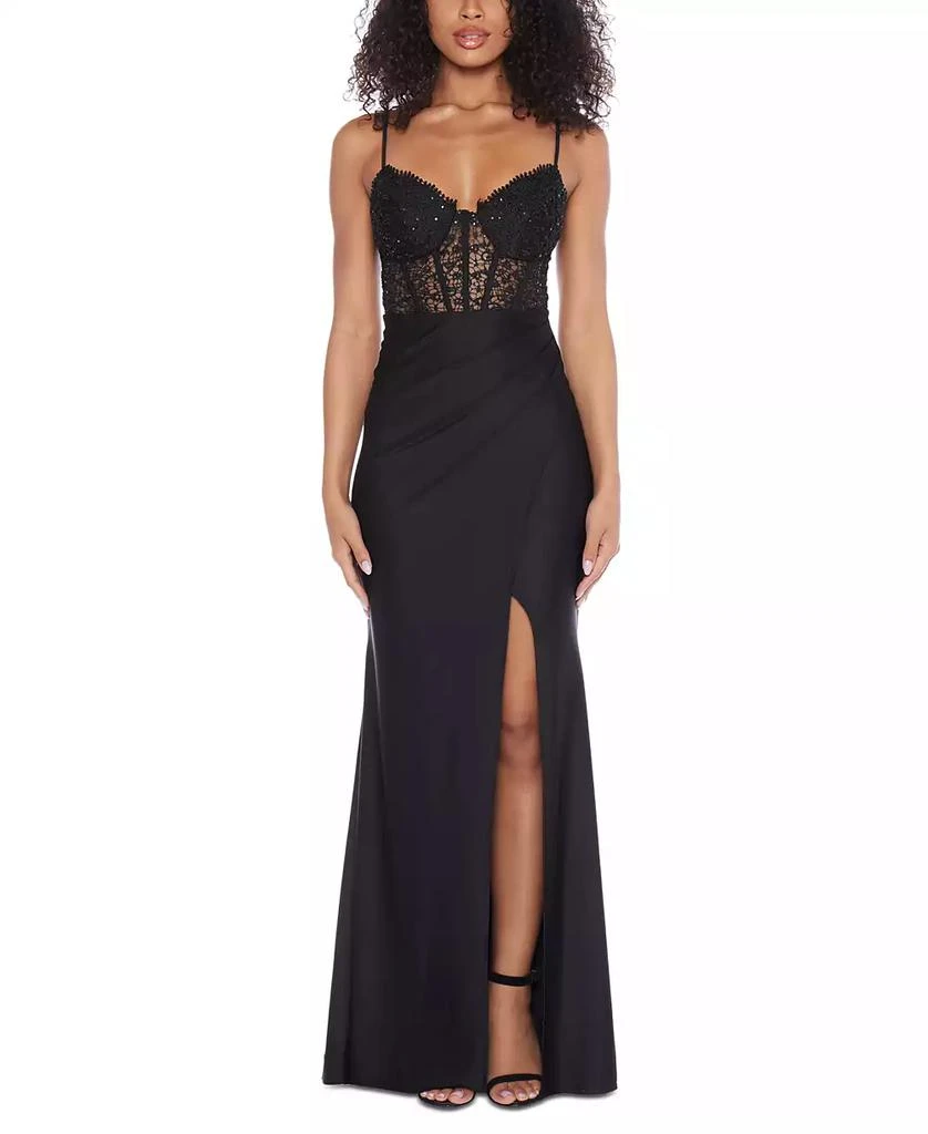 B Darlin Juniors' Strappy Sequinned-Lace Illusion-Corset Maxi Dress 1