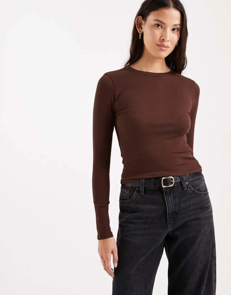 ASOS ASOS DESIGN rib crew neck long sleeve top in chocolate