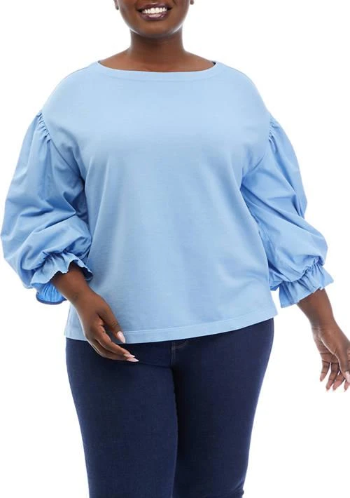 Wonderly Plus Size Knit Woven Mix Pullover Top 1