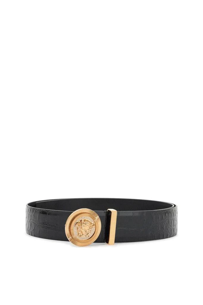 Versace black embossed crocodile calfskin belt with rhinestones 40mm 1
