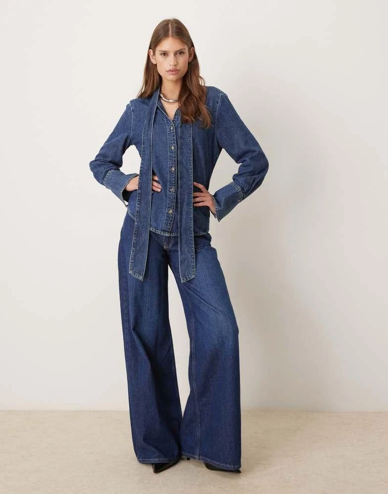 Mango Msngo 100% cotton denim shirt with tie neck in blue 1