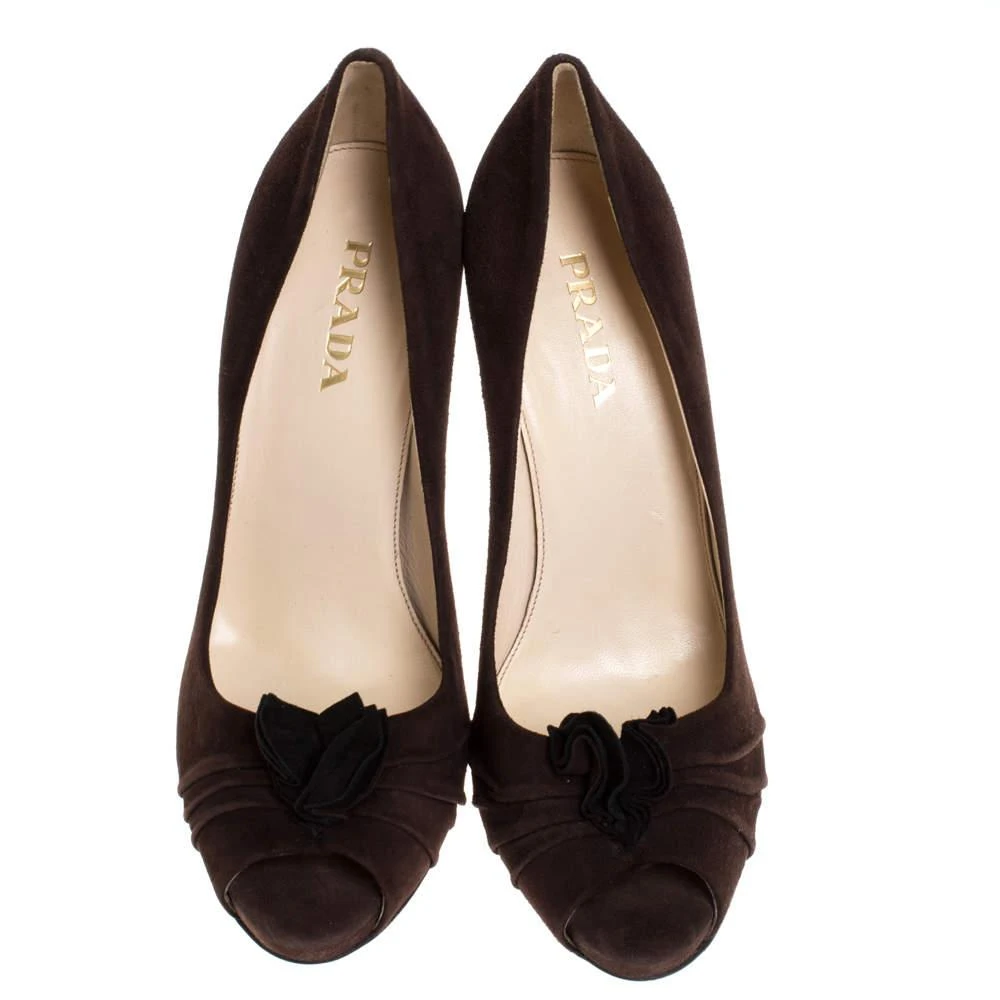 Prada Prada Brown Suede Leather Flower Peep Toe Platform Pumps Size 38 3