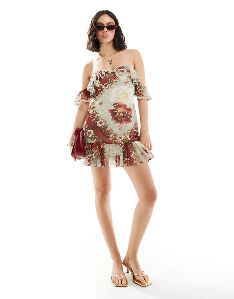 ASOS DESIGN ASOS DESIGN bardot bias mini dress with ruffle and lace trim in floral print 2