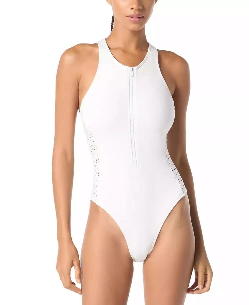 Michael Kors MICHAEL Women's Laser Cut Zip-Front One-Piece Swimsuit 1