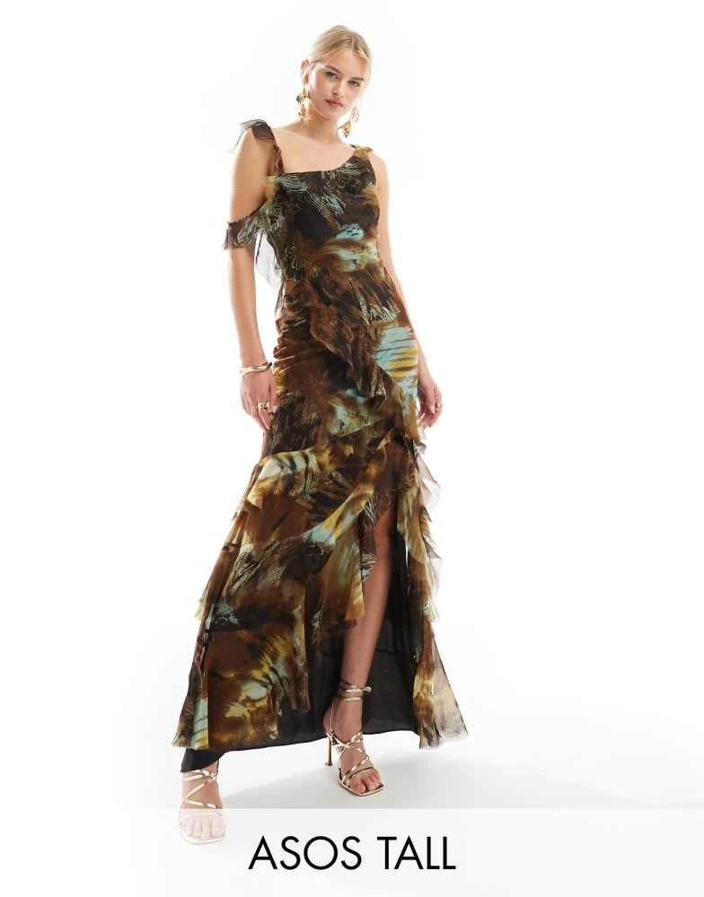 Shop ASOS DESIGN Tall asymmetric shoulder bias cut maxi dress with ruffle  details in abstract print on Sale at BeyondStyle  Get 76% Off ASOS DESIGN  Tall asymmetric shoulder bias cut maxi