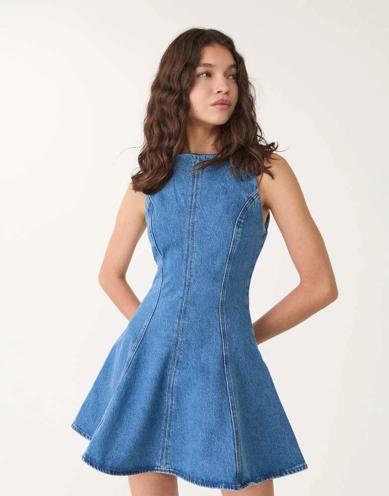 Stradivarius Stradivarius denim mini dress in mid blue 4