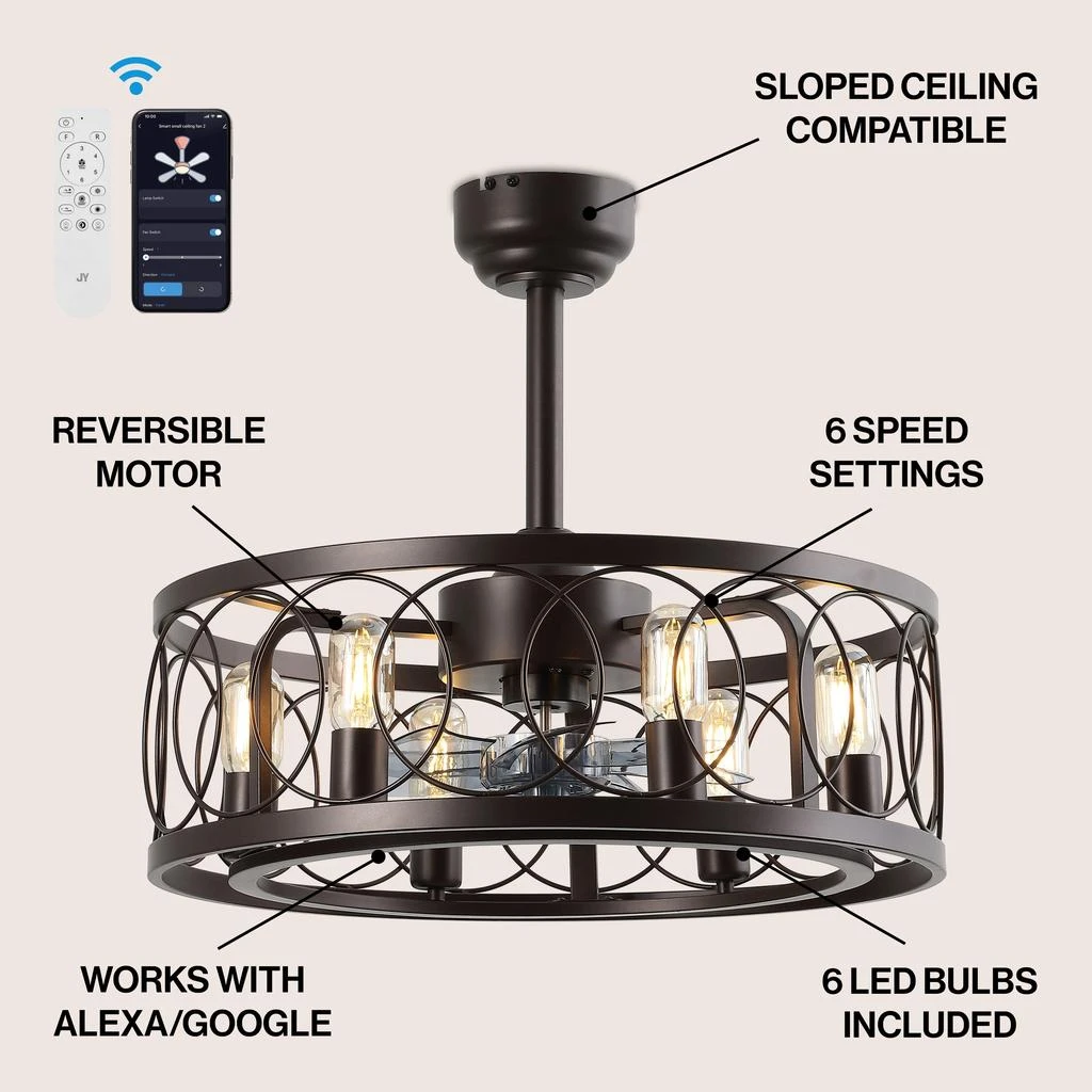 JONATHAN Y Celeste 6-Light Industrial LED Ceiling Fan, Metal, App/Remote, Caged Design 2