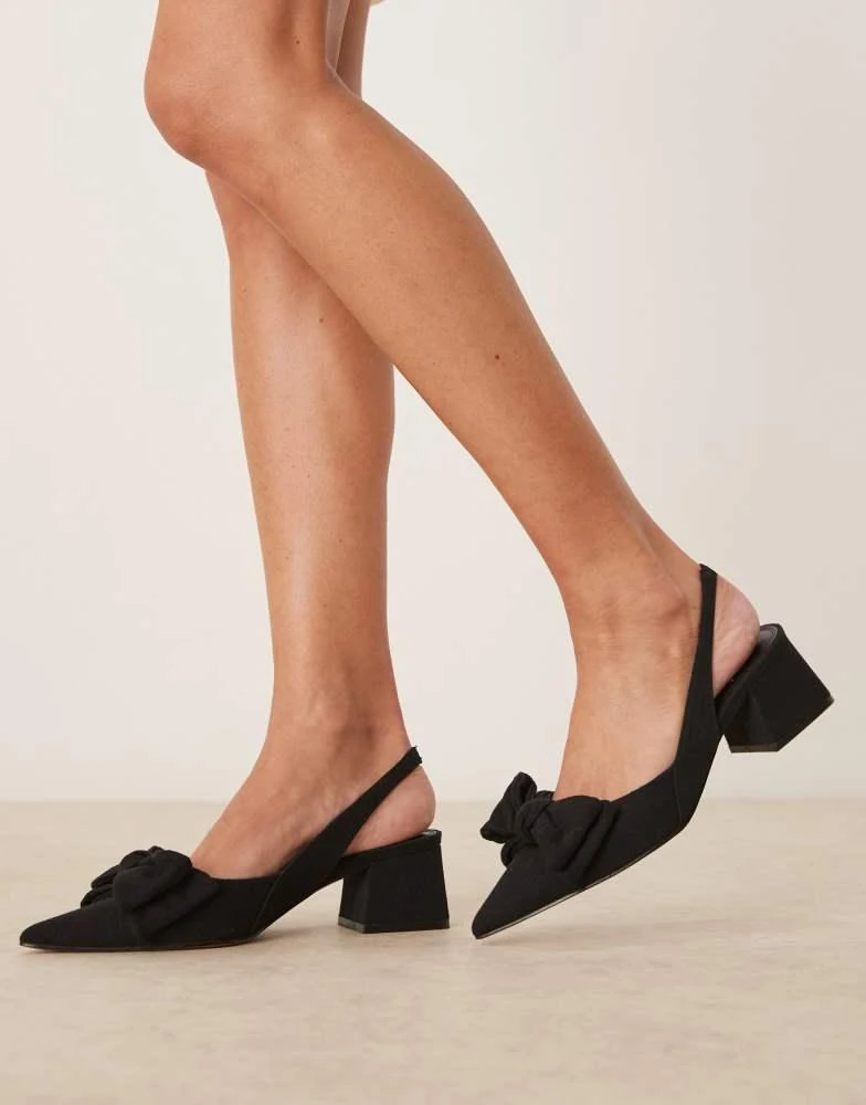 ASOS ASOS DESIGN Symphony bow slingback mid block heeled shoes in black linen 1