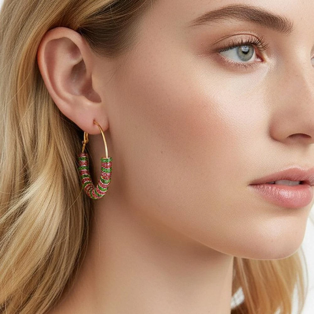 FASHNZFAB Vibrant Pink And Green Crystal Ring Beaded Hoop Earrings 2" X 2"