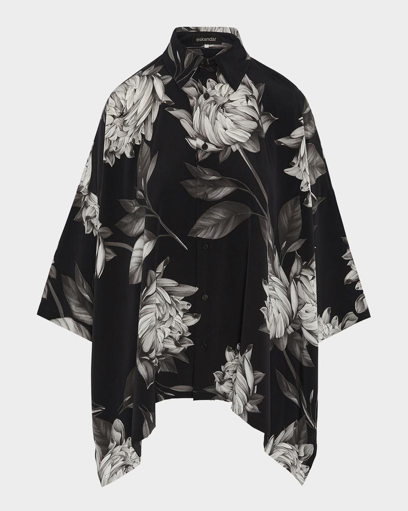 Eskandar Large Peony Silk Print Short-Sleeve Shirt With Collar (Mid Plus Length)