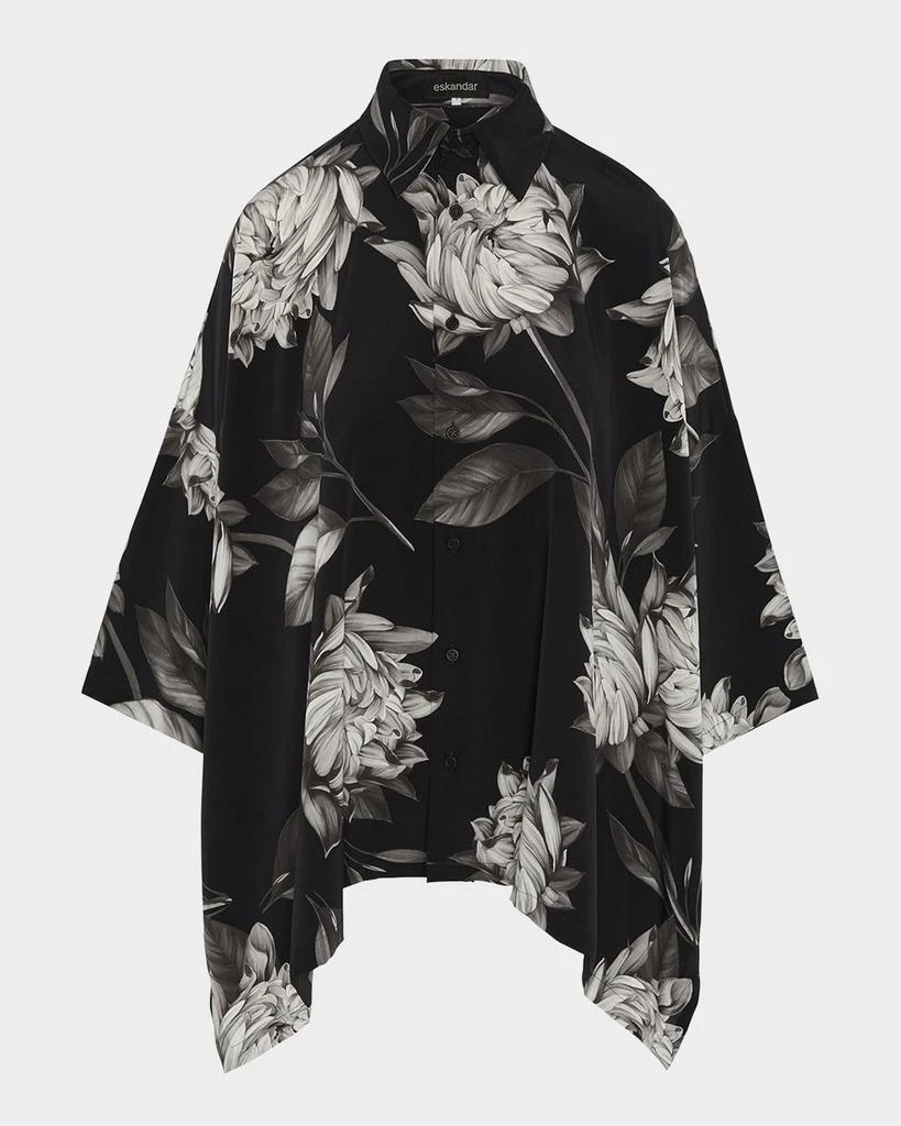 Eskandar Large Peony Silk Print Short-Sleeve Shirt With Collar (Mid Plus Length) 1