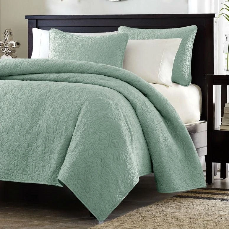 Hivvago King size Seafoam Green Blue Coverlet Set with Quilted Floral Pattern