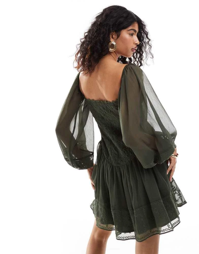 ASOS ASOS DESIGN lace insert embroidered drop waist mini dress in forest green 4