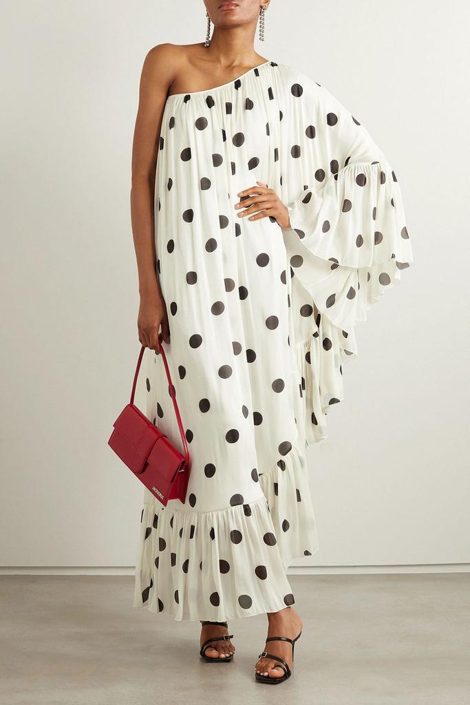 Halpern One-sleeve ruffled polka-dot crepon kaftan