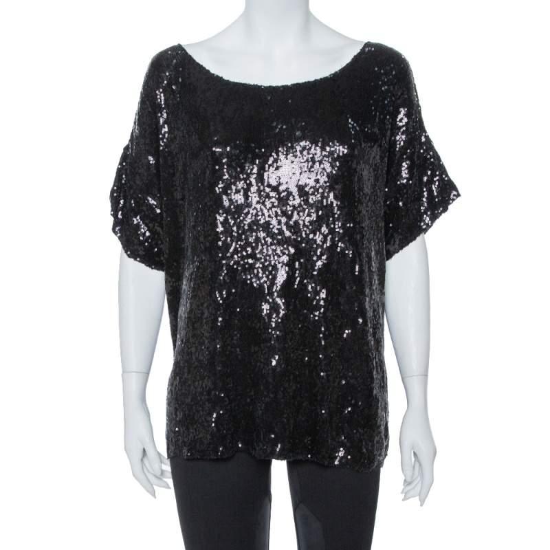 PIERRE BALMAIN Pierre Balmain Black Sequin Embellished Oversized Knit Top M