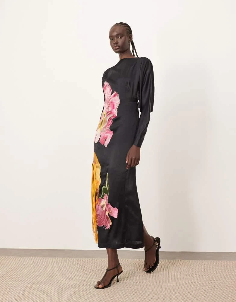 asos black floral embroidered dress Rent Asos Edition Floral Phoenix Embroidered Satin Halter Midi Dress In  Black main image 1