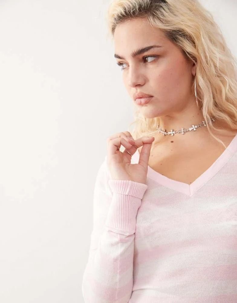 Edikted Edikted v neck light knit top in pink and white stripe 2