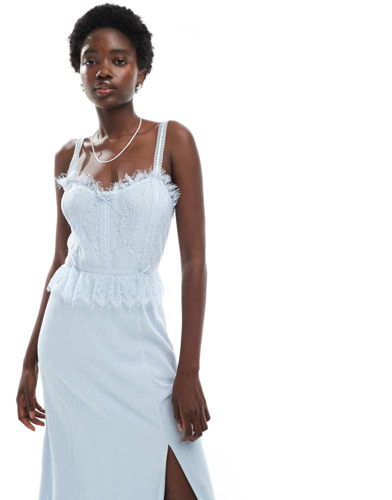 Miss Selfridge Miss Selfridge cheesecloth maxi corset dress with ribbon trims in blue