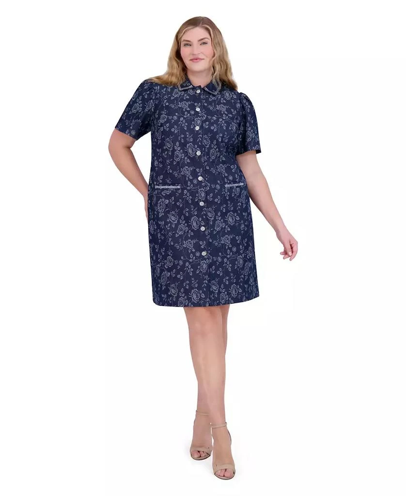Eliza J Plus Size Embellished Floral Denim Shirtdress 1