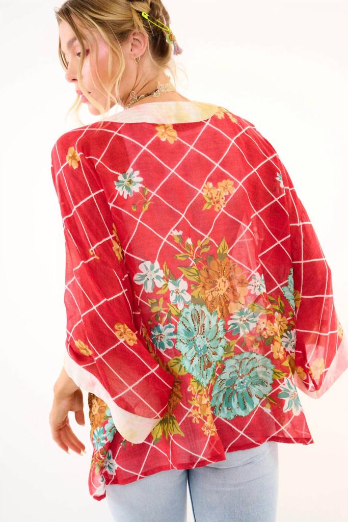 Aratta Borrocow Beauty Hand Embellished Kimono In Vintage Coral Print