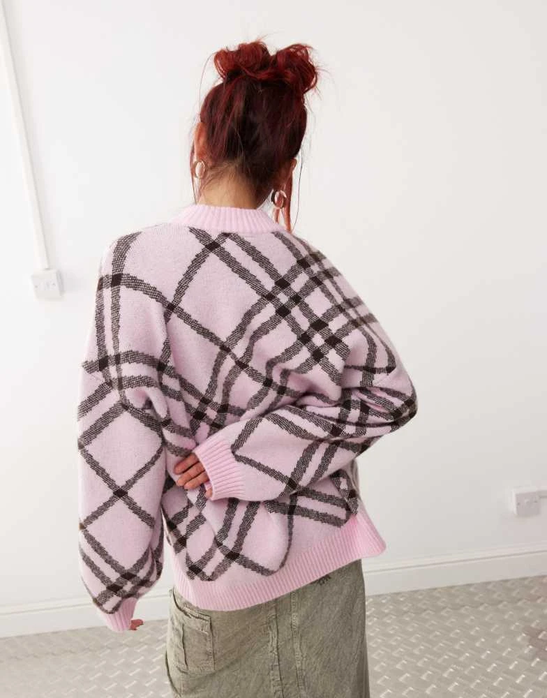 Monki Monki oversized knit sweater in pink and black check 4