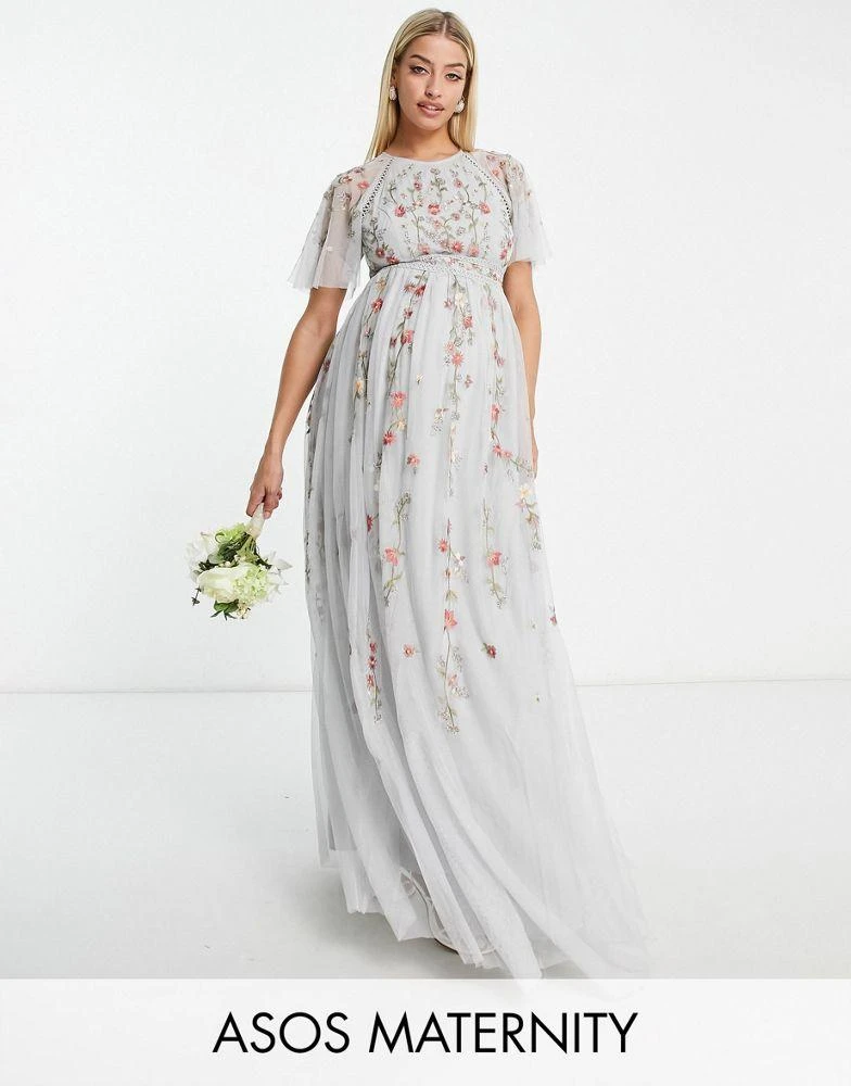 ASOS ASOS DESIGN Maternity Bridesmaid floral embroidered maxi dress with embellishment in soft blue 1