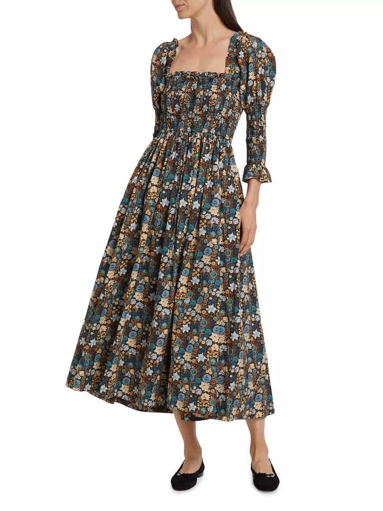 DÔEN Bijou Floral Cotton Smocked Midi-Dress
