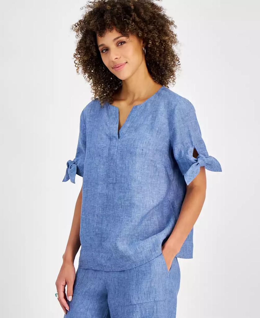 売れ筋商品|||チャータークラブ カットソー トップス レディース Women's 100% Linen Split-Neck Tie-Cuff Top, Created for Macy's Blue Ocean Charter Club Women's 100% Linen Split-Neck Tie-Cuff Top