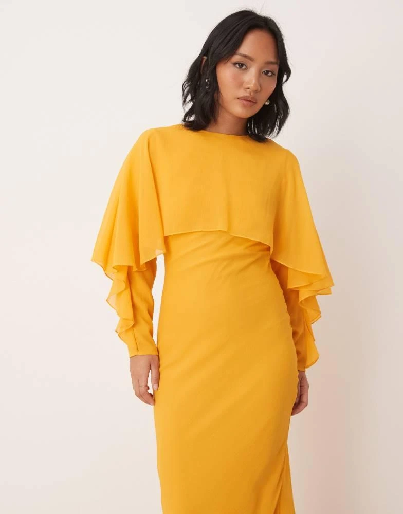 ASOS Design Petite long sleeve ruffle bias maxi dress with cape detail in orange