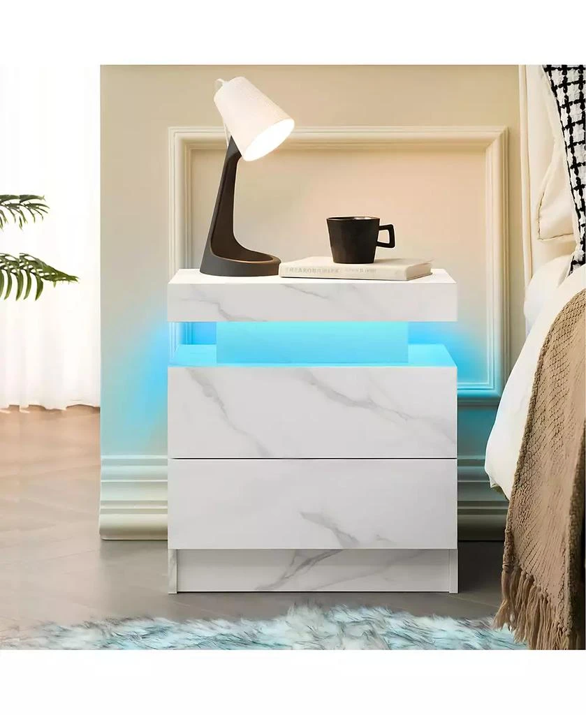 RAINSKEN LED Nightstand with 2 Drawers, Bedside Table Cabinet with Adjustable Color Lighting, Modern End Side Table