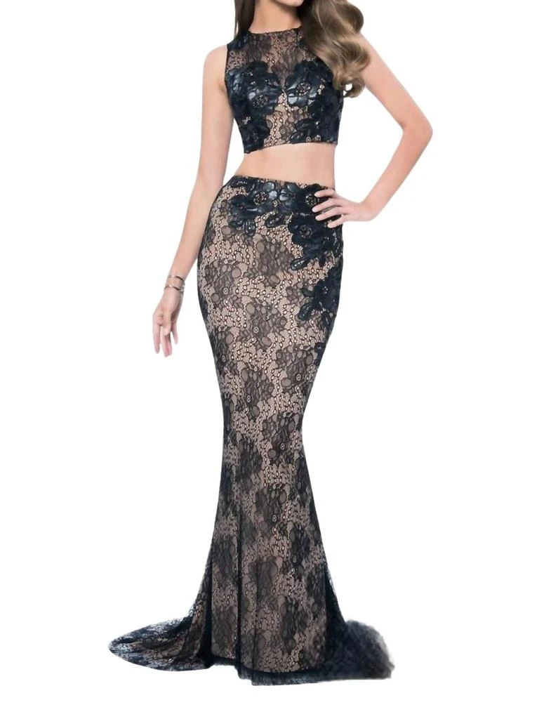 Terani Couture Two Piece Lace Dress with Leatherette Embellishment - Black nude Terani Couture Two Piece Lace Dress with Leatherette Embellishment - Black nude