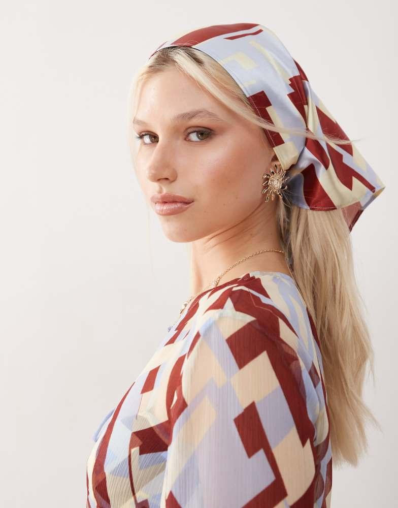 Reclaimed Vintage Reclaimed Vintage satin headscarf in blue and brown geo print coord