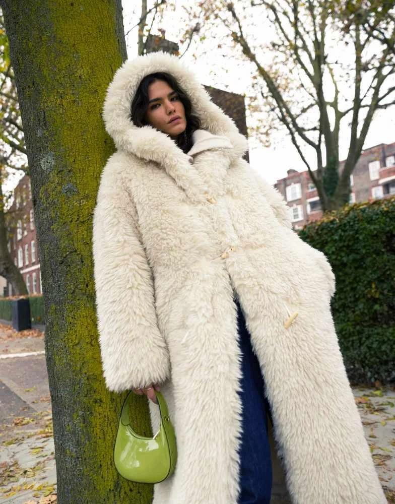 Topshop Topshop faux fur duffle hooded long coat in cream 4