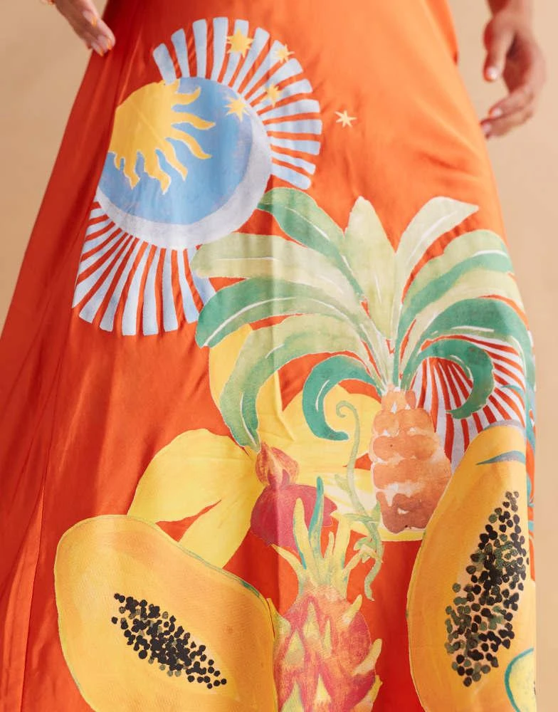 Never Fully Dressed Never Fully Dressed palm satin midaxi skirt co-ord in orange 4