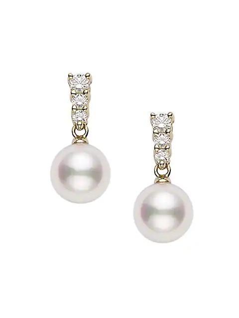 Mikimoto Morning Dew 18K Yellow Gold, 8MM White Cultured Pearl & Diamond Drop Earrings