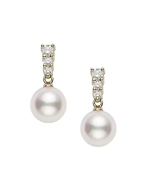 Mikimoto Morning Dew 18K Yellow Gold, 8MM White Cultured Pearl & Diamond Drop Earrings 1