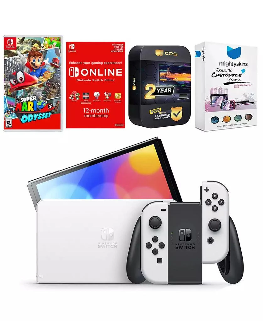 Nintendo Switch White OLED Console with Super Mario Odyssey, NSO 12 Month Family Membership, MightySkins Console and Controller Skin Voucher, and 2 Ye