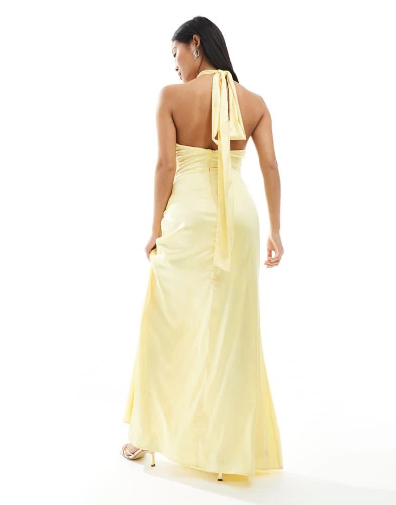 TFNC Petite TFNC Petite Bridesmaid satin high neck maxi dress with bow back in lemon 4