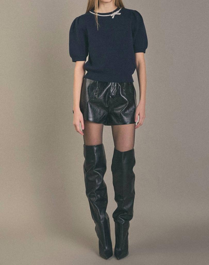 English Factory English Factory - Puff Sleeve Rhinestone Bow Knit Top
