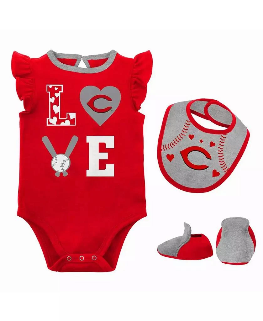 Outerstuff Baby Boys and Girls Red, Heather Gray Cincinnati Reds Three-Piece Love of Baseball Bib, Bodysuit and Booties Set