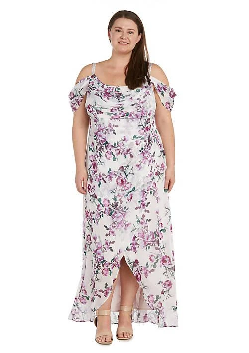 R & M Richards M Richards 1Pc Print Hi Multi Chiffon Surplice Dress With Modesty Front Cowl Neck 1