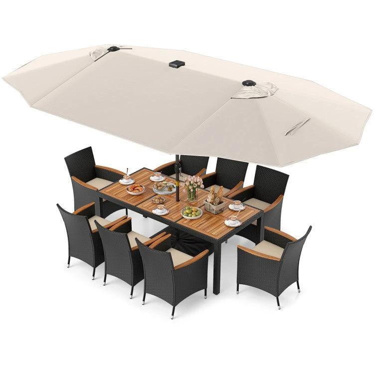 Hivvago 11 Pieces Patio Dining Set with LED Patio Umbrella with Base and Seat Cushions