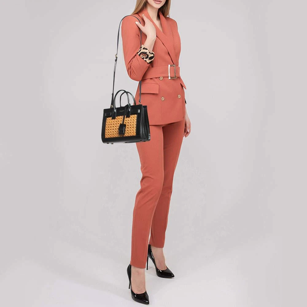 Yves Saint Laurent Saint Laurent Black/Beige Leather and Bamboo Woven Nano Sac De Jour Tote 2